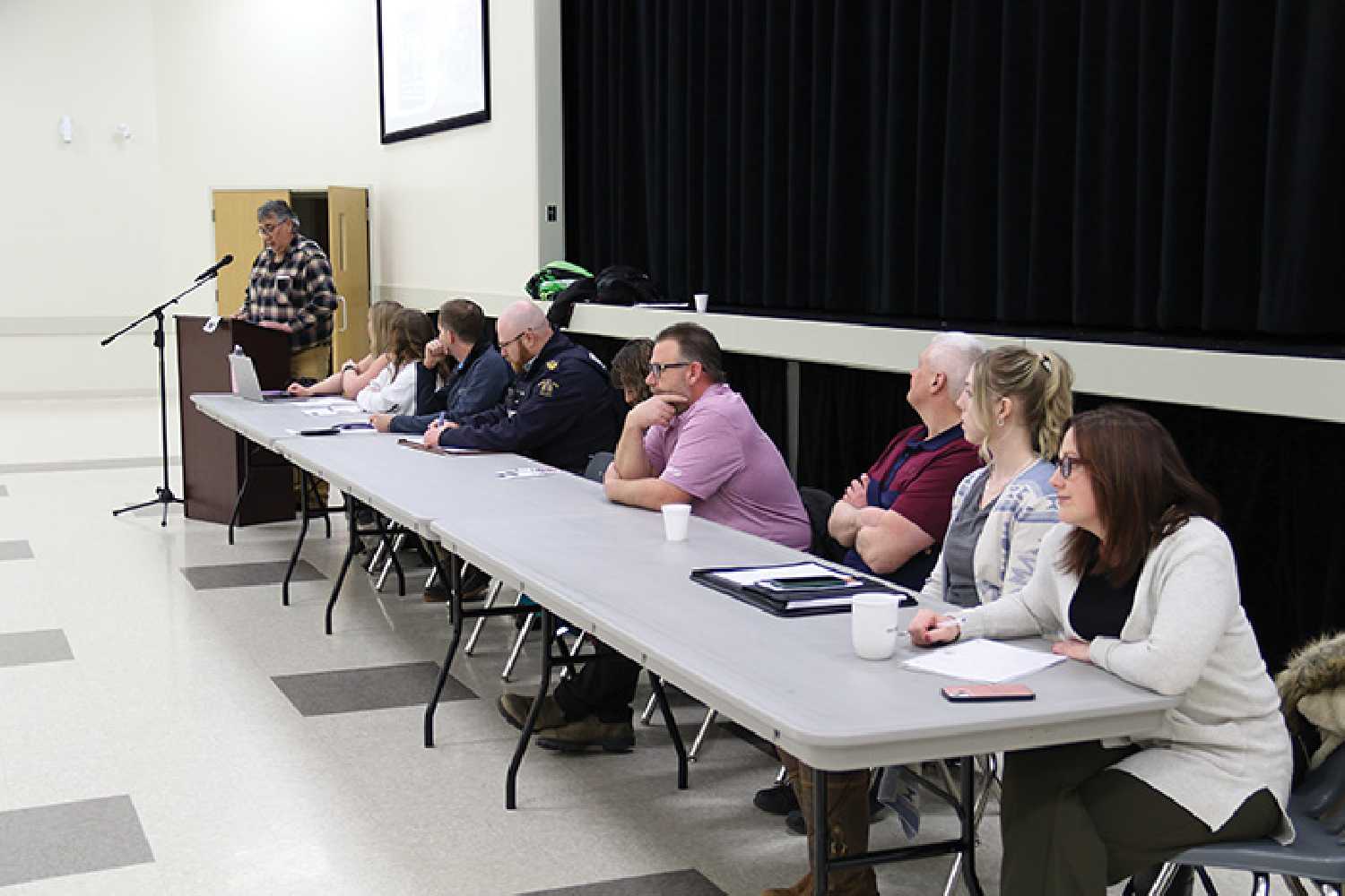 The Rocanville Economic Development Organization hosted a community meeting on Feb. 27 to update the community on what is happening with the town, REDO, the RM, Rocanville Rec, Nutrien, the daycare, the school, and the Moosomin RCMP. Reps were on hand from all of those organizations, and gave a brief update. The meeting ended with a question and idea session from the floor. <b>From left are </b>Stan Langley at the podium with REDO, Kelsey Selby with REDO, Julia Roden with the SRC, Nathan Bromm with Rocanville School, Sgt. Damien Grouchy with the Moosomin RCMP, Reeve Melissa Ruhland with the RM
